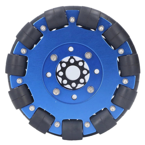 5-inch omni wheel for robots with aluminum hub, blue metal rollers, designed for smooth omni directional movement in DIY robotics projects