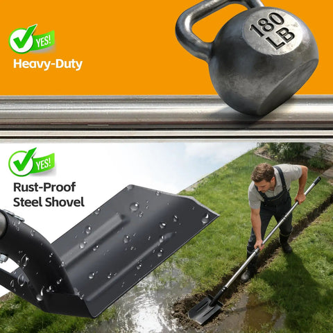Go-To Heavy Duty Trench Shovel With A 4 Inch V Shape Blade Narrow Spade For Precision Digging Edging And Entrenching 60 Inch Adjustable Long Handle And Foot Pedal Professional Grade Garden And Landscaping Tool with man using shovel in wet soil.