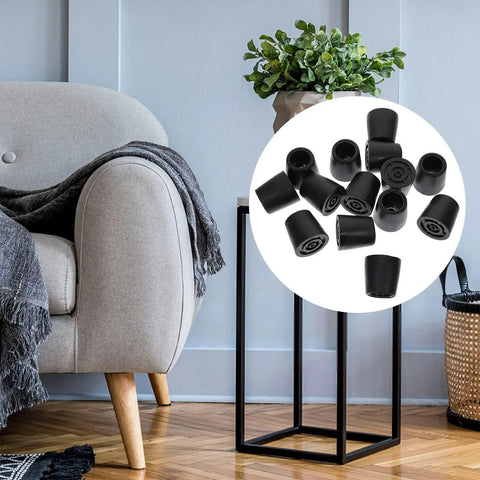 Slip On Chair Leg Protectors 20 Pack for Hardwood Floors in living room next to a chair, showcasing black elastic iron and PVC pads.
