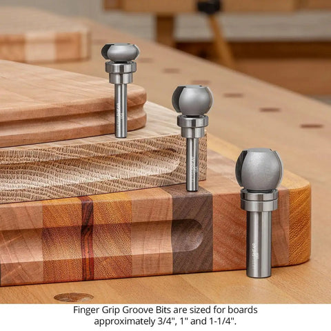 Finger Grip Groove Router Bit For One Inch Boards With One Quarter Inch Shank Template Pattern Bearing Two Flute Pro Grade Carbide Tipped Bearing Guided Precision For Serving And Cutting Boards USA Made shown in a workshop on wood boards