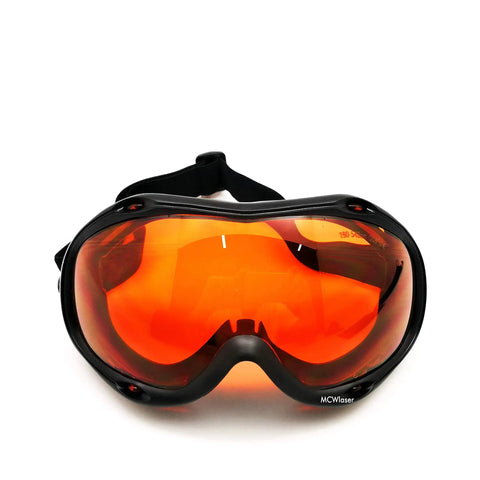 Front view of OD5 Plus Laser Safety Glasses for 190 to 540 Nm Absorption Type Protective Goggles with orange lens and black frame