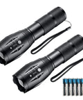 Two Pack Ultra Bright 1000 Lumen LED Flashlights, Tactical Zoomable Beams, 5 Modes, Waterproof, Includes 6 AAA Batteries, shown with batteries.