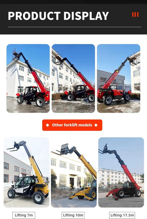 Top Shelf Heavy Duty Telehandler And Telescopic Forklift Built As A 4WD Off Road Workhorse with various lifting heights displayed.