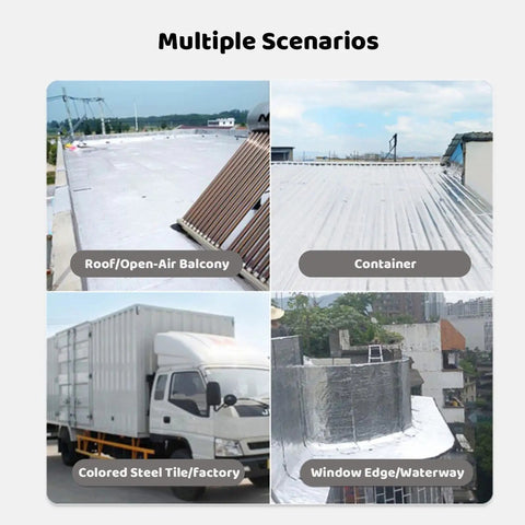 Multiple scenarios showcasing Top Tier Heavy Duty Asphalt Roofing Tape With Aluminum Foil To Seal Leaks And Patch Cracks On Gutters Or Shingles Straight Up Waterproof Flashing Underlayment Roll.
