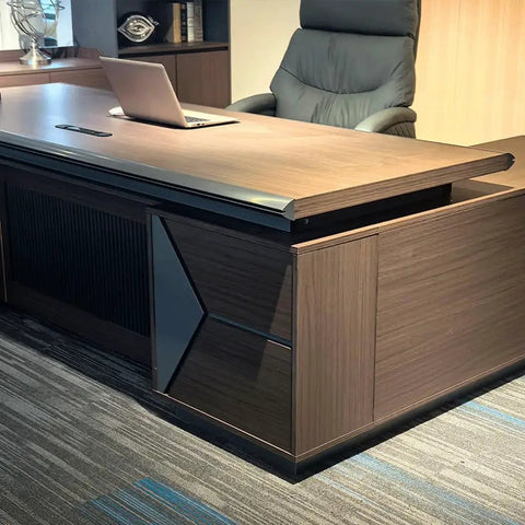 Top Shelf Large Adjustable Standing Computer Desk Engineered To Handle Your Daily Home Office Hustle And Executive Workspace Setup With Rustic Industrial Polish close-up of desktop with laptop and unique cabinetry.