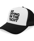Breathable Trucker Hat for Men No Crying On The Yacht Style Plain Cap With No Sweat Band, angled front view, black and white design