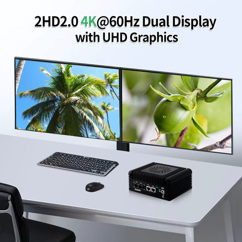 Rock Solid Firewall Mini PC With Intel N150 Processor And Four Kickass Network Ports on desk with dual 4K displays, keyboard, and mouse.