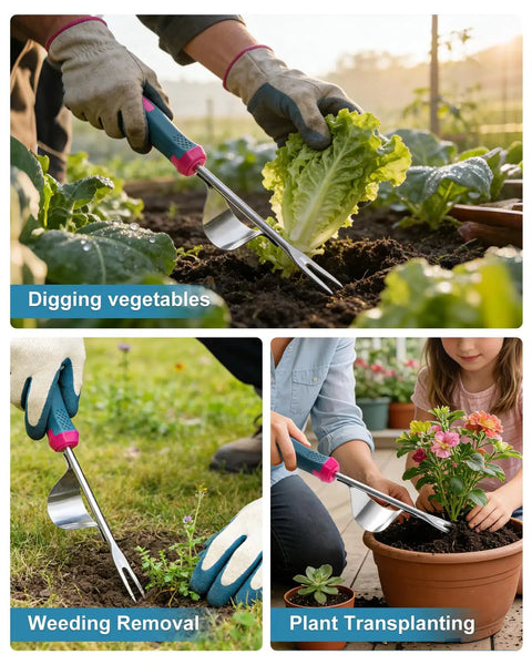 Stainless Steel Weed Puller Tool With Leverage Base And V Shaped Forks For Deep Root Removal And Easy Weeding in garden use.