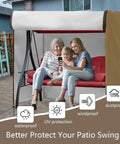 Family sitting on porch swing covered by 3 Seater Outdoor Swing Cover For Porch Swing And Hammock Chair, Waterproof All Weather Patio Furniture Protector No-Fuss, Windproof Durable Cover With Belt At Center And Drawstrings At Bottom, Fits 87 x 49 x 67 Inches.