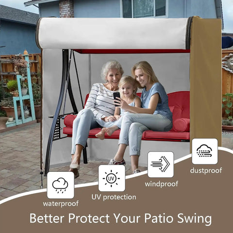 Family sitting on porch swing covered by 3 Seater Outdoor Swing Cover For Porch Swing And Hammock Chair, Waterproof All Weather Patio Furniture Protector No-Fuss, Windproof Durable Cover With Belt At Center And Drawstrings At Bottom, Fits 87 x 49 x 67 Inches.
