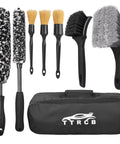 All In One Pro Grade Wheel And Tire Detailing Kit With Eight Brushes Including Four Wheel Cleaning Tools And Three Boar Hair Detail Brushes Plus A Hard Tire Scrubber Flexible Rim Cleaning Set For Cars Motorcycles And Trucks on display with black carrying case.