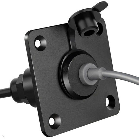 Beefy Metal Electrical Outlet With Slick Ergonomic Plug Design No Sweat Easy Install For Camping Rv Satellites And Mobile Living Spaces Dependable Five Amp Power Rig, close-up of robust black socket.