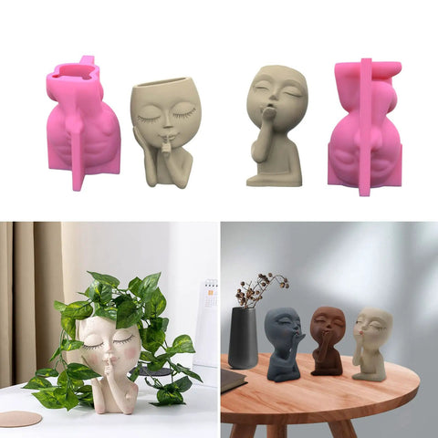 Two Piece Girl Head Planter Molds For Pots Made From Concrete And Silicone Face Portrait Sculpture Planter For Succulents Indoor Outdoor Home Garden Decor Balcony Patio Yard.