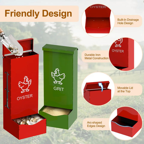 Heavy Duty Metal Chicken Feeder And Oyster Shell Dispenser, Automatic Gravity Feeding Hopper With Secure Lid, Hanging Coop Essential For Poultry Flocks, Built Like A Tank For No Sweat Setup Daily with built-in drainage holes.
