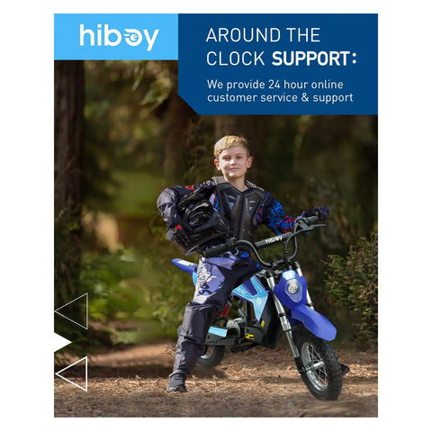 Child on Kids Electric Dirt Bike 36V 300W Ride On With Quiet Hydraulic Suspension Long Range Up To 13.7 Miles 3 Speed Modes in forest