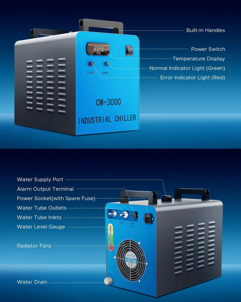 Industrial CO2 Water Chiller For K40 Laser Engravers Up To 50 Watts showing temperature display and various ports.