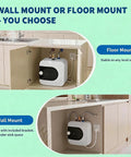 4 Gallon Mini Tank Under Sink Water Heater Pumps Out Heat On Tap For Kitchens And Bathrooms With Compact Footprint, wall and floor mounting options.