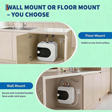 4 Gallon Mini Tank Under Sink Water Heater Pumps Out Heat On Tap For Kitchens And Bathrooms With Compact Footprint, wall and floor mounting options.