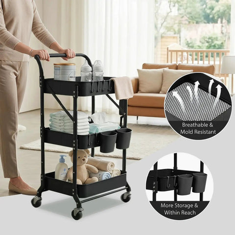 3 Tier Foldable Rolling Cart With Wheels Grab-And-Go Space Saving Utility Organizer Collapsible Metal Storage Cart