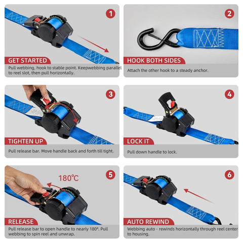 Instruction steps for Heavy Duty 2 Inch By 10 Foot Retractable Ratchet Straps Set 4500 Lbs Load Rating Blue Tie Down Straps