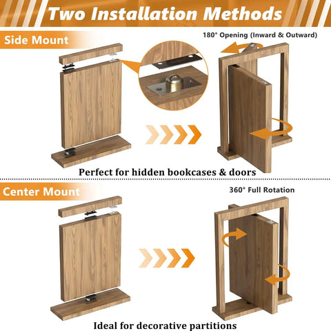 Heavy Duty Hidden Door Pivot Hinge Built To Last With 570 Lbs Capacity And 360 Degree Rotation, Solid 304 Stainless Steel Hidden Door Hardware Kit For Murphy Doors, Secret Bookcase And Bookshelf Doors, showing side and center mount options
