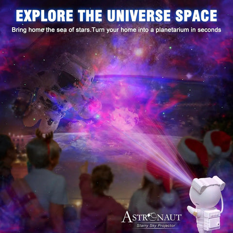 Cosmic Projector Lamp With LED Night Light For Kids projects colorful stars with spaceman design in a nursery setting.