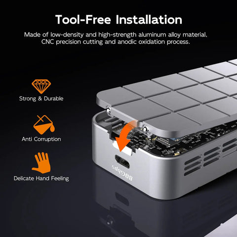 Beast Mode Speed M2 Nvme Ssd Enclosure With Smart Cooling Fan And Tough All Metal Shell Supports Thunderbolt 5 4 3 Usb4 Port Tool Free Setup For Legit Fast Data Moves Up To 8Tb Storage showing aluminum alloy design and tool-free installation.