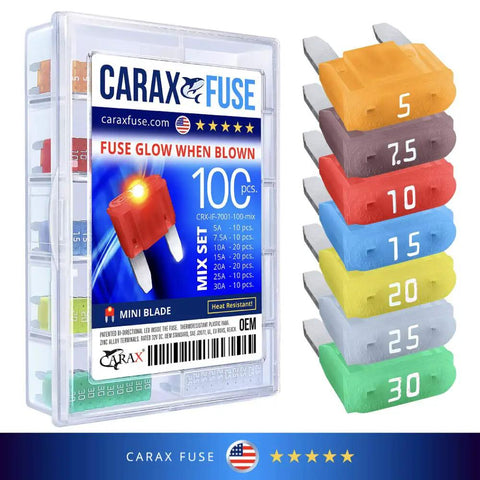 Seriously Cool Mini Blade Led Glow Automotive Fuses 100 Count Atc Ato Replacement Kit with assorted fuse sizes in a clear case.