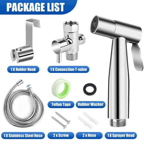 Package list of Stainless Steel Handheld Bidet Sprayer Kit For Toilet With Long Hose Full Pressure Leakproof Easy Install