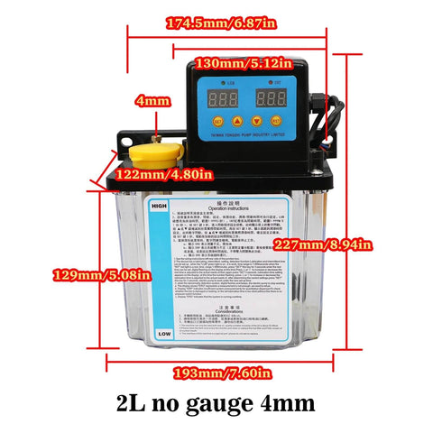 Pro Grade CNC Automatic Lubrication Pump System With Electromagnetic Drive 4mm Output 2L Capacity front view with measurements