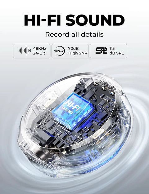 Close-up of Lark M2 Wireless Lavalier Microphone's internal chip, highlighting 48kHz 24-bit high fidelity audio specifications.