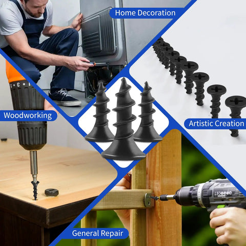Number 8 x 5/8 Inch Flat Head Wood Screws With Black Oxide Finish And Self Tapping Design for woodworking and general repair.
