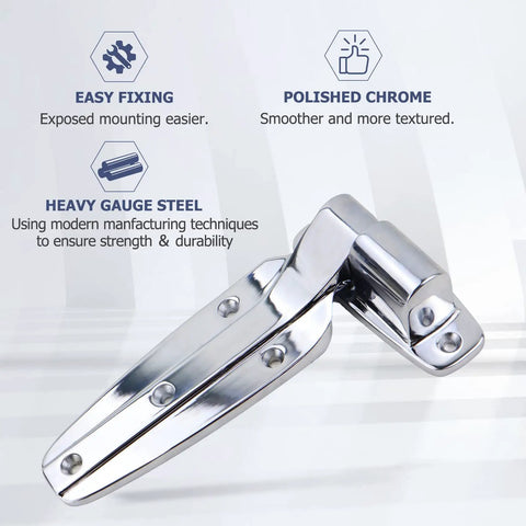 Reversible Cam Rise Hinge With Flush Mount And Polished Chrome Finish Self Closing Design Heavy Duty Steel Waterproof
