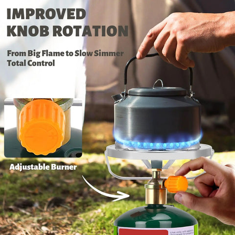 Propane Camping Stove Portable Backpacking Stove With Adjustable Burner For Stable Outdoor Cooking While Hiking Tailgatin And Grillin Single Burner Propane Stove Fuel Not Included Easy Setup in use with kettle
