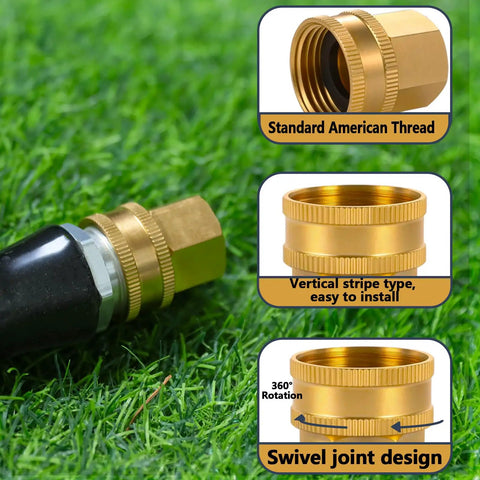 Solid Brass Garden Hose Adapter Set With Quick Swivel Double Female Fittings Three Quarter Inch GHT To One Half Inch NPT Female Leakproof Easy Hand Tighten Install Outdoor Watering on hose