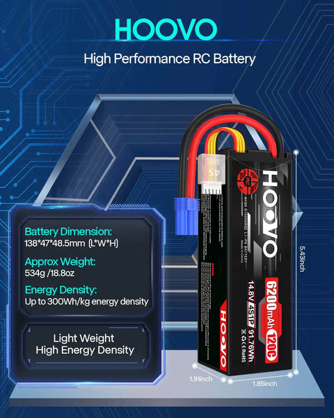 4S LiPo Battery Pack 6200MAh 120C with EC5 Plug hard case for RC cars, size and weight details, high energy density.