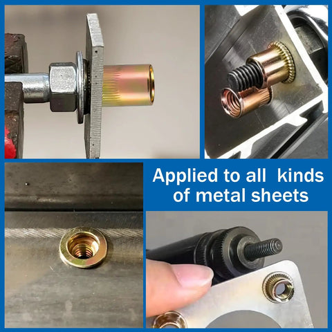 Rivet Nut Kit 188-Piece 1/4-20 Zinc Plated Carbon Steel Rivnuts applied to metal sheets in automotive and fabrication projects