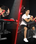 Man using Beefy 900 Lbs Weight Bench Set With Squat Rack, performing preacher curls at home gym, stable and sturdy steel frame