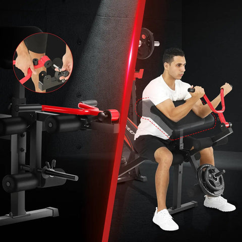 Man using Beefy 900 Lbs Weight Bench Set With Squat Rack, performing preacher curls at home gym, stable and sturdy steel frame