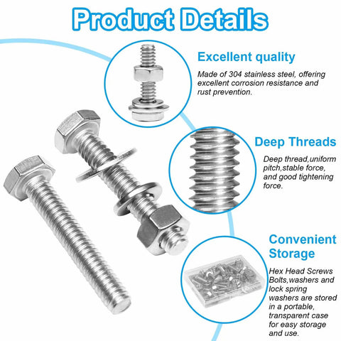 Beefy 20 Sets Heavy Duty Stainless Steel 1/4-20 X 2 Hex Head Screws Bolts Set With Nuts Flat Washers And Spring Lock Washers 304 Fully Threaded