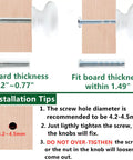 Installation tips for Solid White Wooden Cabinet Knobs For Furniture And Kitchen Upgrades with screw hole measurements.