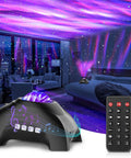Galaxy Aurora Light Projector With 33 Effects, Bluetooth Speaker And White Noise Machine displayed in a city-view bedroom.