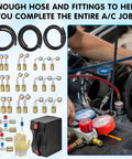 Auto AC Hose And Fitting Kit 32 Pc Set With 6 8 10 Size Hoses And Line Adapters, 6.5 Ft Length, R134a Valve, 28 Aluminum Fittings And Eight Each 45 90 180 Degree Elbows, Pro Grade AC System Repair Kit displayed