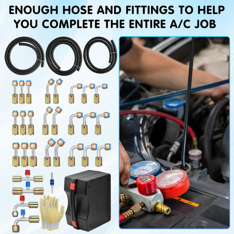 Auto AC Hose And Fitting Kit 32 Pc Set With 6 8 10 Size Hoses And Line Adapters, 6.5 Ft Length, R134a Valve, 28 Aluminum Fittings And Eight Each 45 90 180 Degree Elbows, Pro Grade AC System Repair Kit displayed