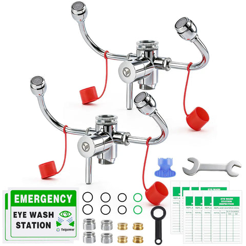 Eyewash Faucet Attachment Kit For Sink Mount Easy Install Emergency Eye Wash Station With Universal Adapters OSHA Approved First Aid Eye Flush Unit displayed with components and tools.