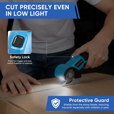Hand using Heavy Duty Cordless Electric Scissors With Led Light on cardboard, showcasing safety lock and protective guard features.