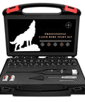 Pro Grade Red Laser Bore Sight Kit with 32 adapters in open case, showing laser module and tools
