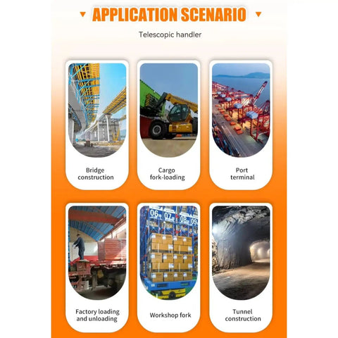 Heavy Duty Telescopic Boom Handler Forklift With Smart Transmission And Auto Leveling Frame Built Damn Tough For No Sweat Jobsite Hauling And Quick Adapter Swaps application scenarios including bridge, port, factory, and tunnel work.