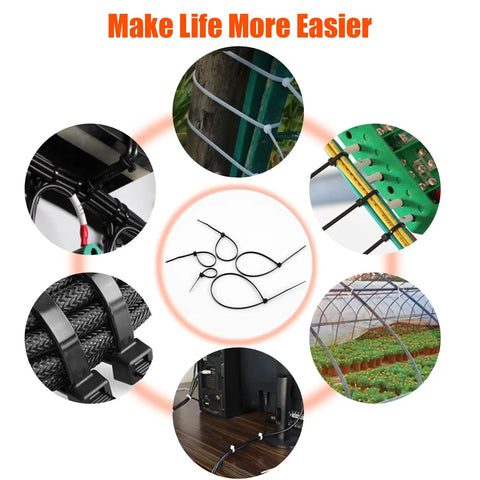 12 Inch Heavy Duty Zip Ties With 50 Lbs Tensile Strength Self Locking Nylon Cable Ties For Indoor And Outdoor Use Bulk Pack Includes 1000 Black And 100 White Ties With Mount Clips 10 Pack Built To Last For Any DIY Project shown in various uses