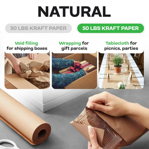 Heavy Duty Brown Kraft Paper Roll 36 In By 720 Ft 50 Lb Thick for moving, shipping, crafts, and natural recyclable uses.